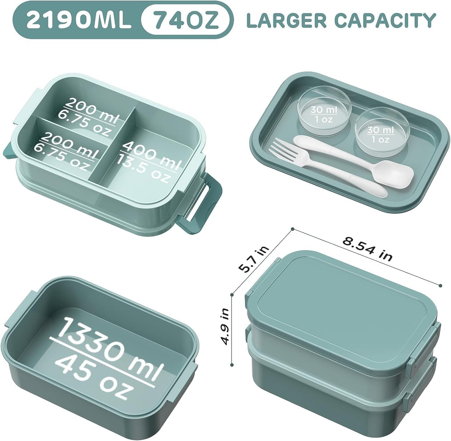 Box Lunch Container - 74 OZ Stackable Leakproof Lunch Box - Utensils and Sauce Containers for Work, School, and Dining Out (Green)