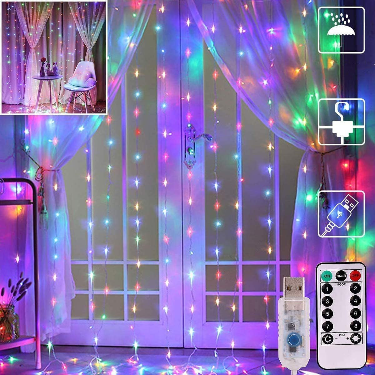 300 LED Warm White Curtain Fairy Lights with 8 Modes, USB Powered Icicle String Lights with Remote and Timer for Indoor and Outdoor Decoration (9.8 x 9.8 Ft)
