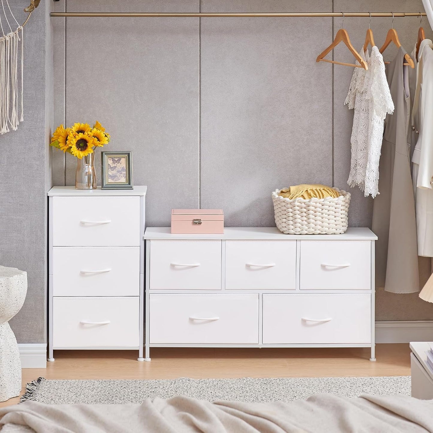 Elegant 5-Drawer Dresser with Fabric Bins - Versatile Storage - Bedroom, Living Room, Nursery - White Leather Finish