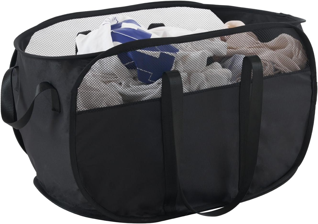 Collapsible Mesh Laundry Basket with Durable Handles and Pockets - Portable and Foldable Clothes Hamper