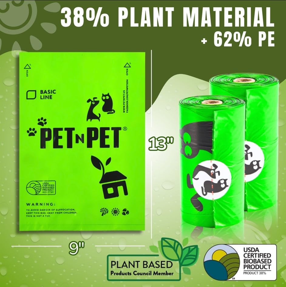 Pet Dog Waste Bags, USDA Certified 38% Plant-Based & 62% PE Leakproof, Durable, Eco-Friendly Dog Poop Bags