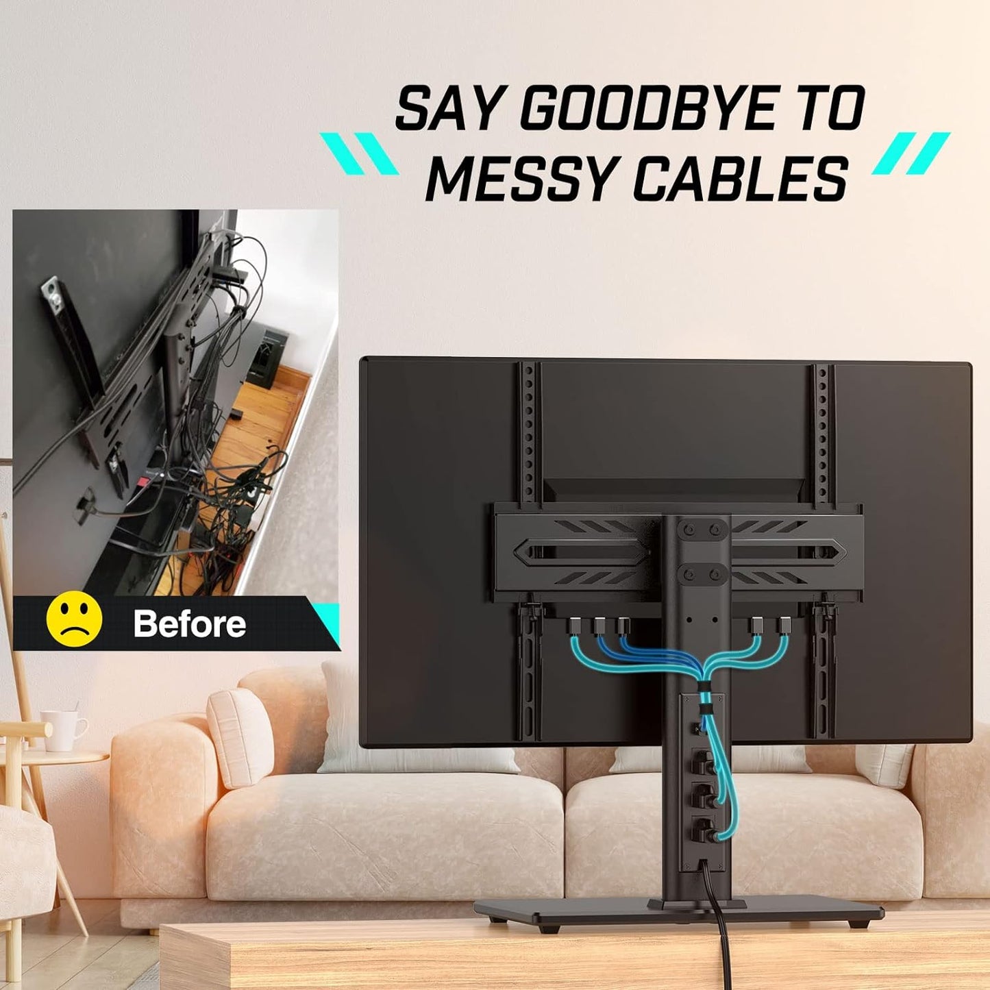 TV Stand with Power Outlet, 88 lbs Adjustable Mount for 27-60 Inch TVs, Swivel Table Top with Tempered Glass Base, , VESA 400x400mm, Black