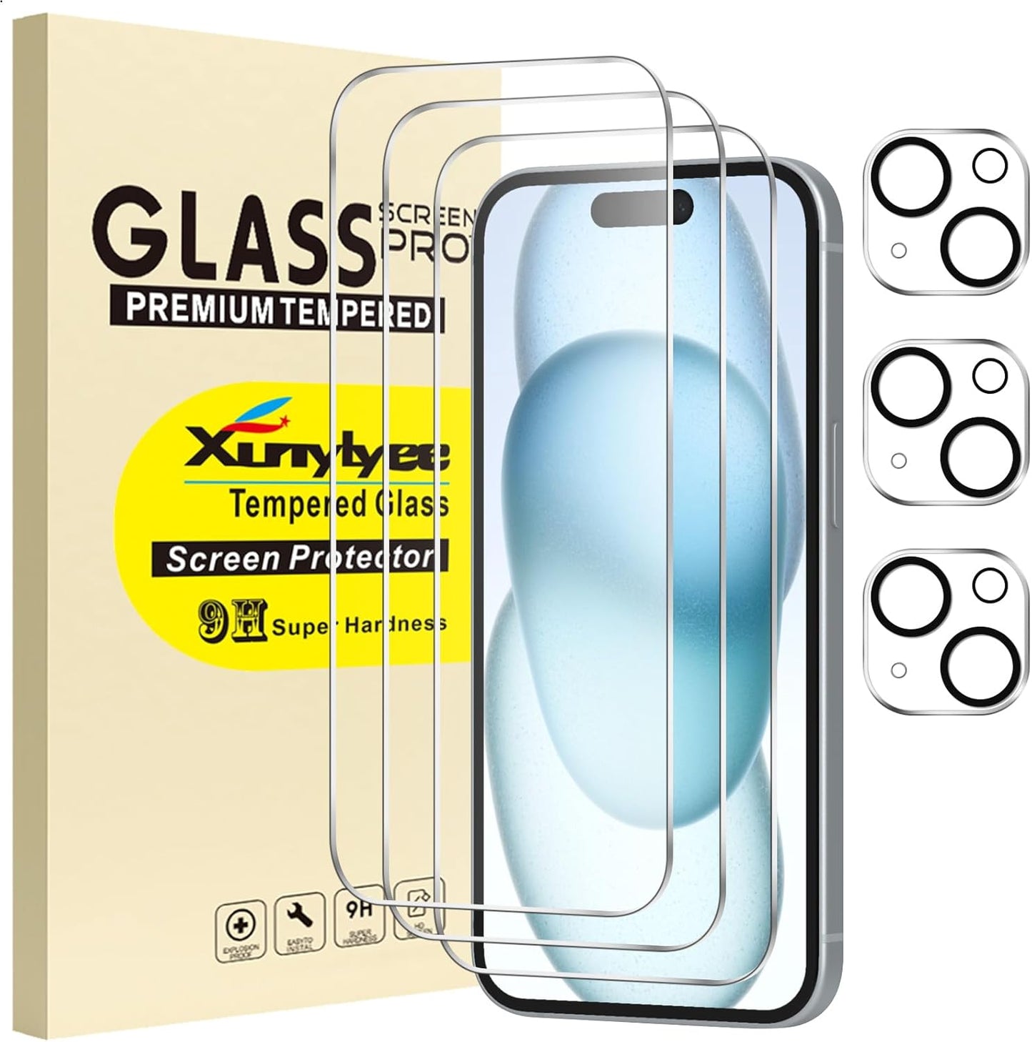 Triple Pack Screen Protector and Camera Lens Protector for iPhone 15 Pro 6.1-Inch - Tempered Glass Film