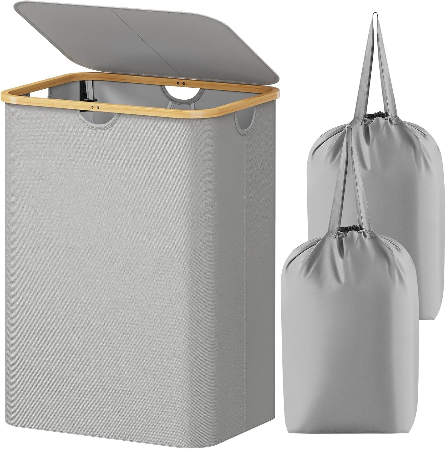Premium Collapsible Laundry Hamper with Lid and Removable Bag, 100L Tall Storage Bin with Bamboo Handles - Black
