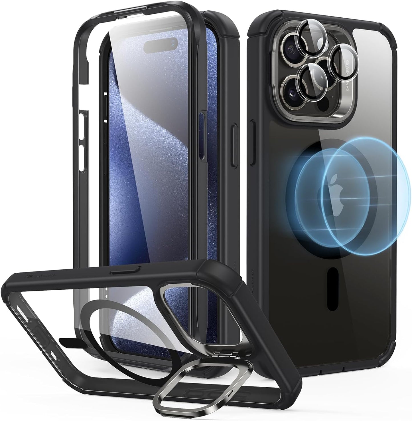 iPhone 15 Pro Max Armor Series Case: Full-Body Shockproof MagSafe Protection with Built-In Stash Stand and Individual Lens Protectors - Black