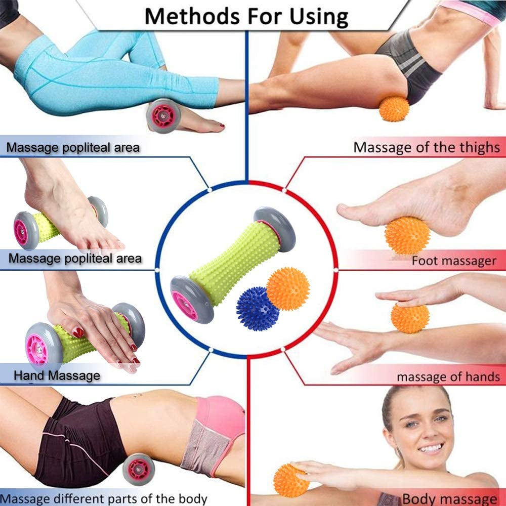 Foot Roller Massage Ball Set for Plantar Fasciitis Relief and Reflexology - 1 Roller and 2 Spiky Balls