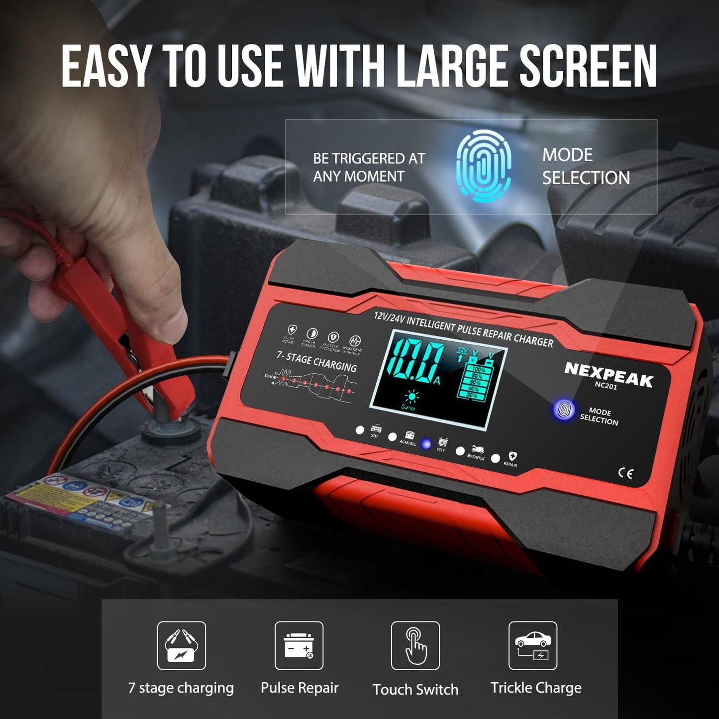 10-Amp Car Battery Charger, Smart Trickle Charger Fully Automatic 12V 24V Battery Charger Maintainer W/Temp Compensation