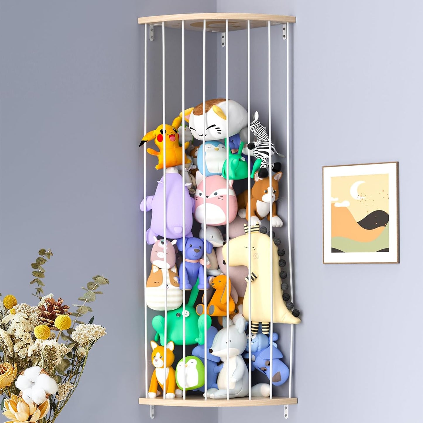 Wooden Stuffed Animal Storage Shelf with Adjustable Length - Large Corner Organizer for Plush Toys, Featuring Moon Zoo Pattern