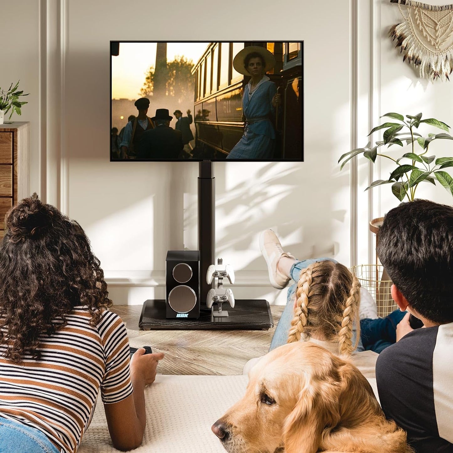 Height Adjustable Swivel TV Stand - Power Outlet for 32-70 Inch TVs, Wood Base, Supports up to 110 lbs, VESA 600x400mm, Black