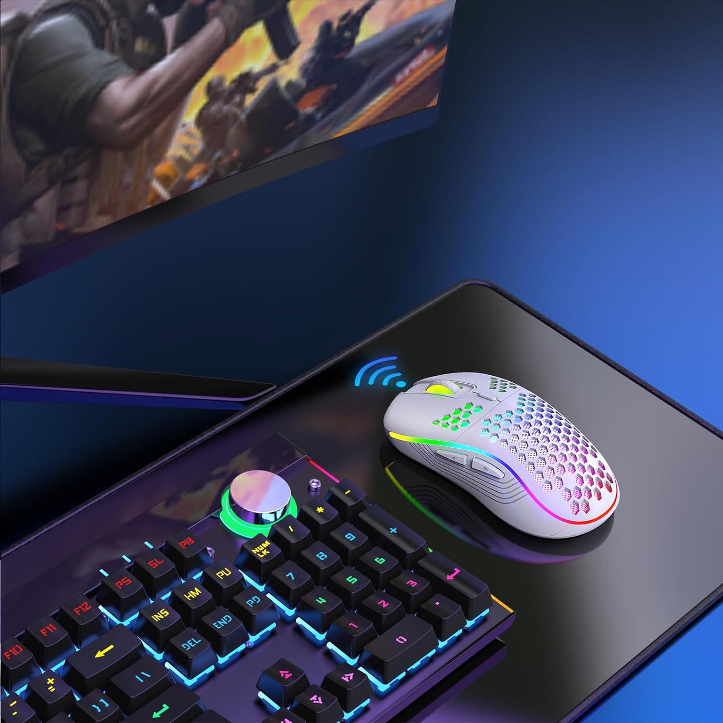 Wireless Gaming Mouse, Rechargeable Computer Mouse with RGB Backlight, USB Receiver, 6 Buttons, Adjustable DPI (White)