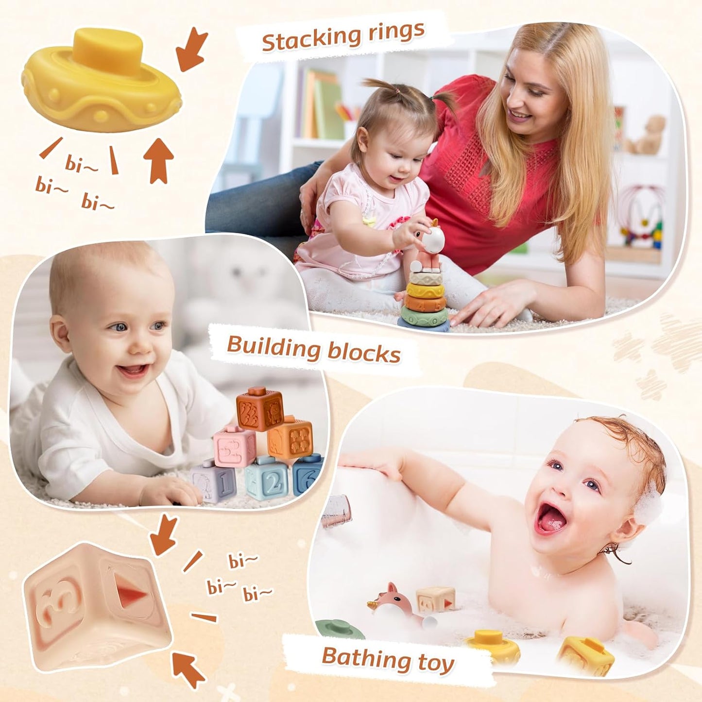 Montessori-Inspired Baby Toy Set - 6-12 Months - 4-in-1 Stacking Blocks, Tissue Box Toy, Sensory Play (1-3 Years)