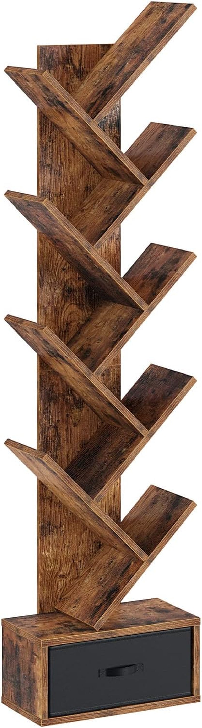7-Tier Rustic Brown Bookshelf with Drawer, Wooden Storage Rack for CDs, Movies, and Books, Versatile Organizer