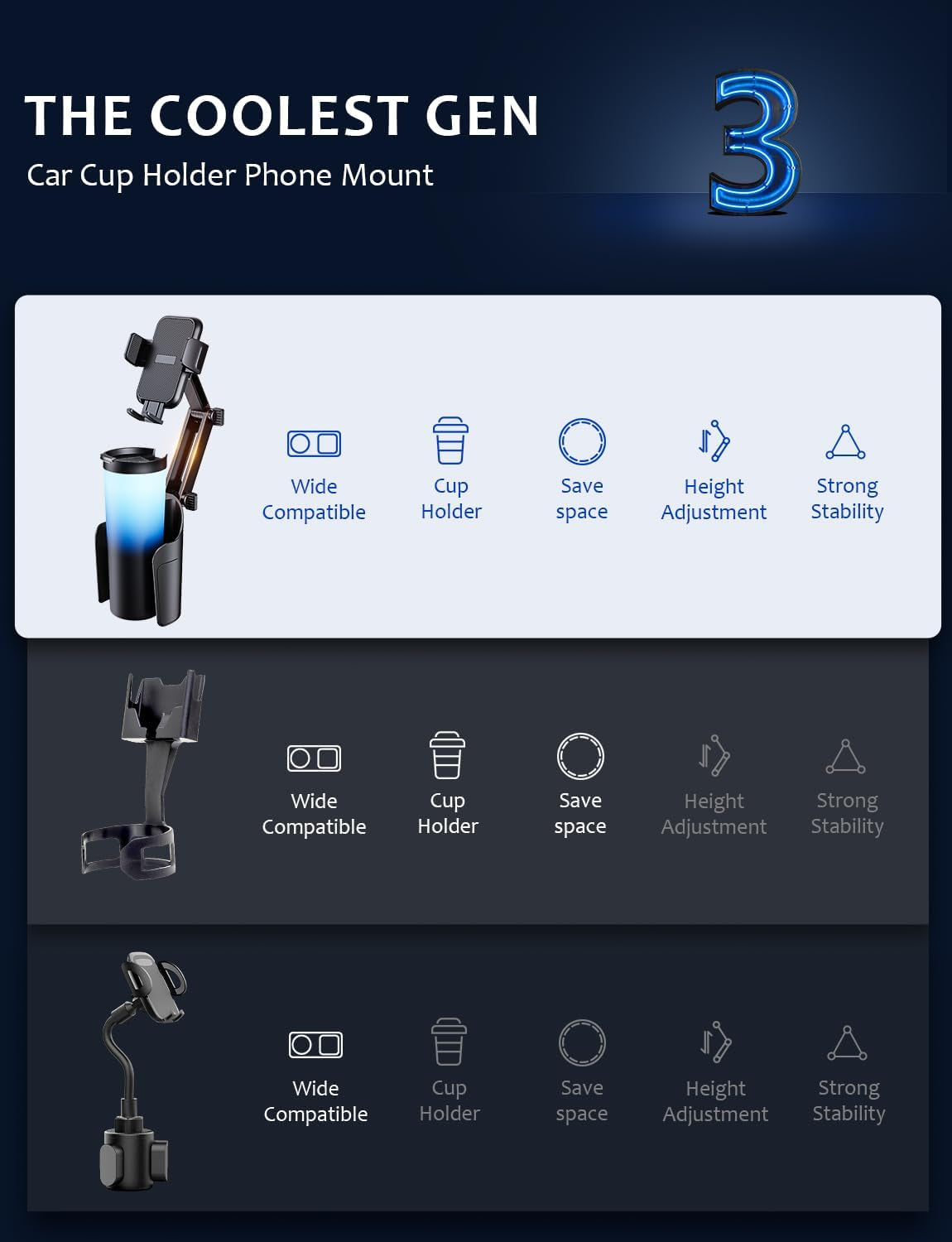 Adjustable 2-in-1 Cup Holder Phone Mount for Car - Universal Cradle for iPhone, Samsung, Google, and All Smartphones (Black)