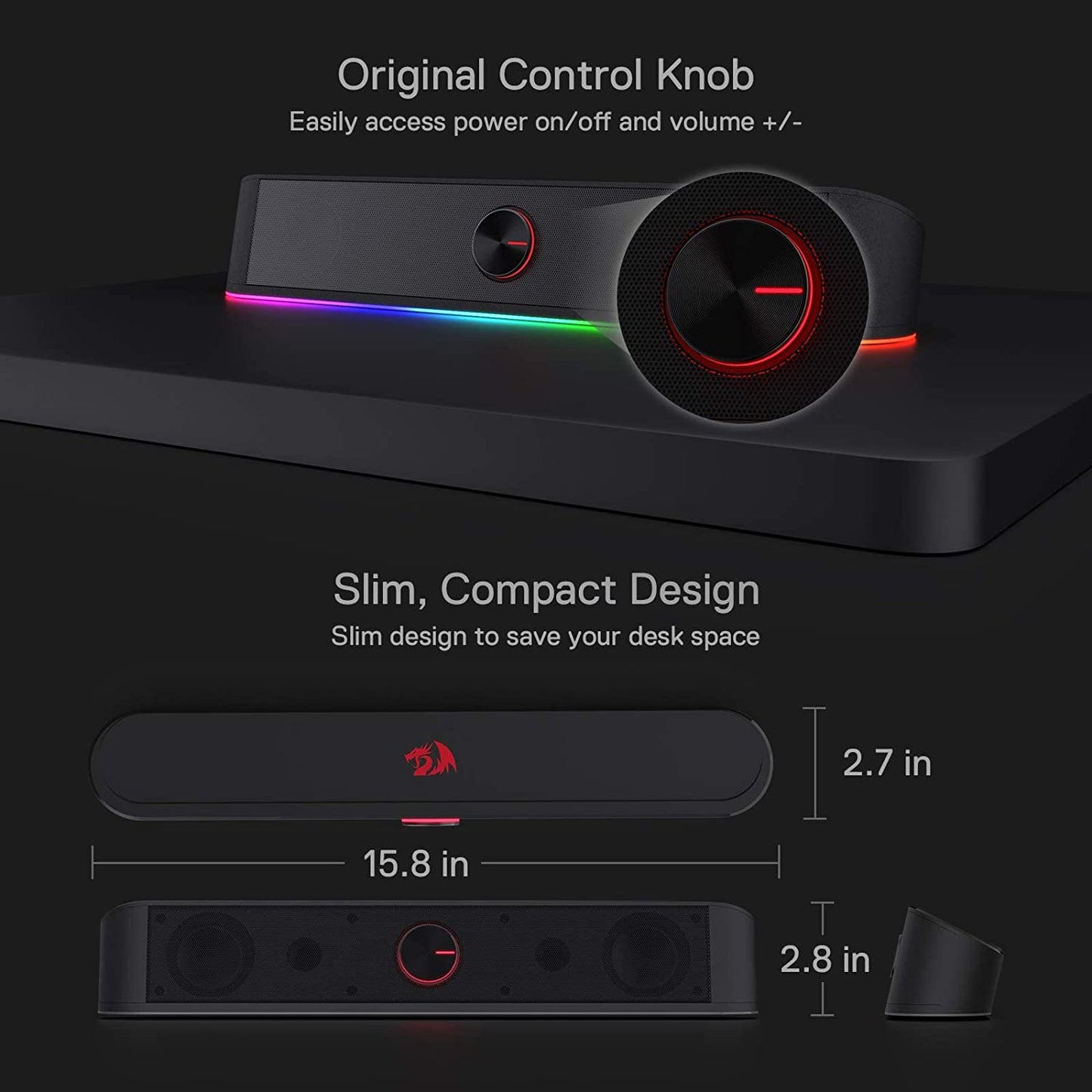 RGB Desktop Soundbar - 2.0 Channel Computer Speaker with Dynamic Audio-Light Sync, Touch-Control Backlit Volume Knob, USB Powered with 3.5mm Cable
