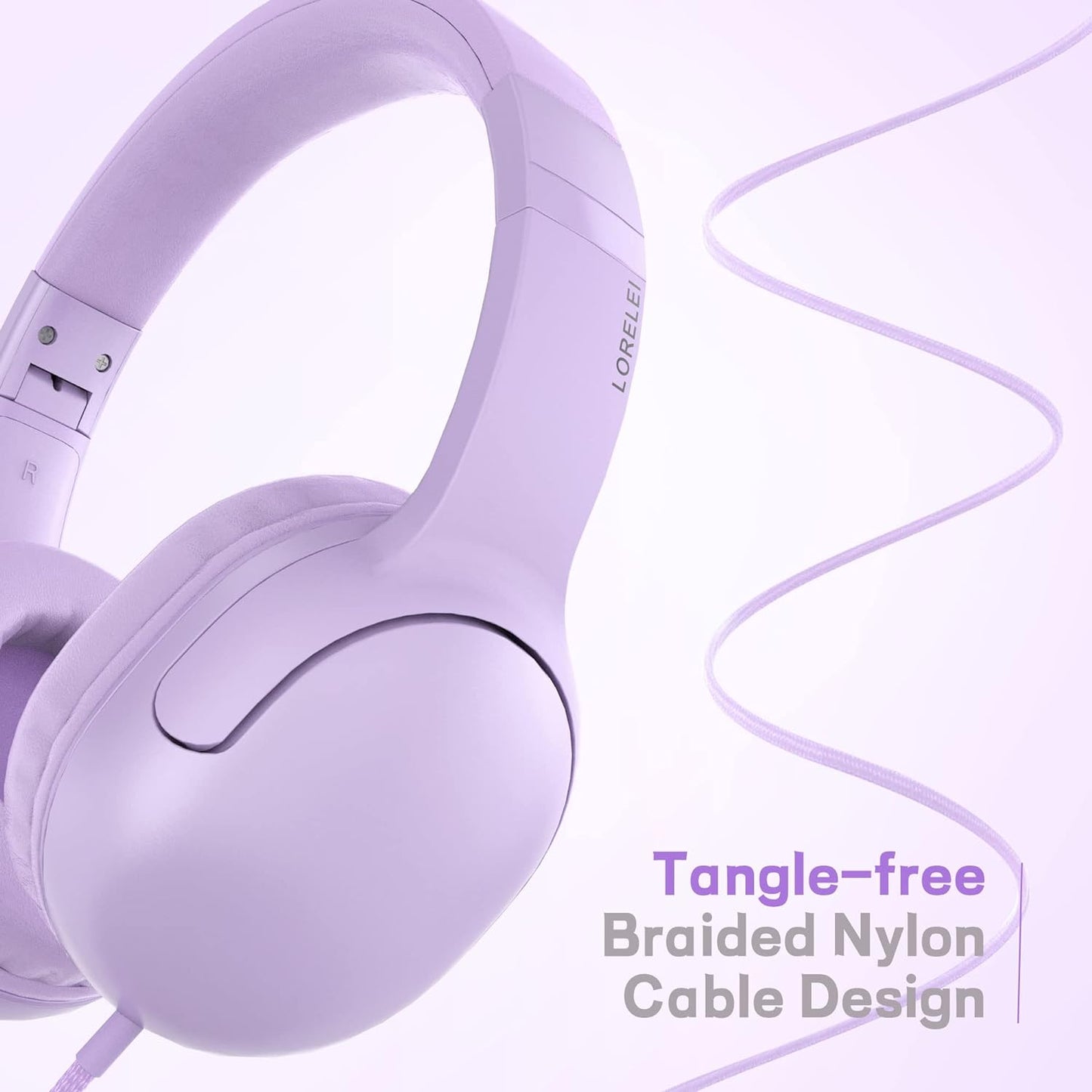 Foldable Wired Headphones for Kids with Tangle-Free Nylon Wire and 3.5mm Jack - Stereo On-Ear Headsets for Tablets, iPads, and Travel (Purple)