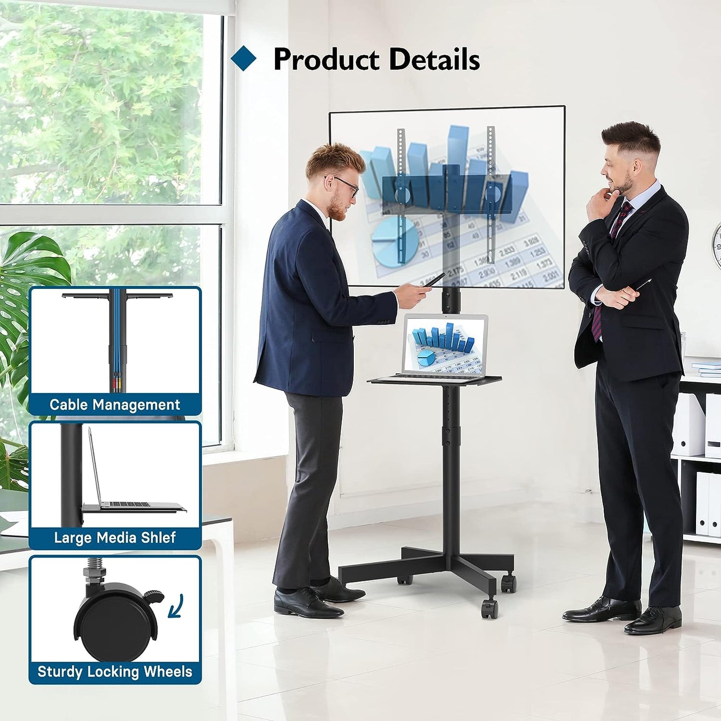 Mobile TV Stand with Adjustable Height for 23-60 Inch Screens, Rolling Locking Wheels and Media Shelf, VESA (75x75mm to 400x400mm), 88 lbs- Black