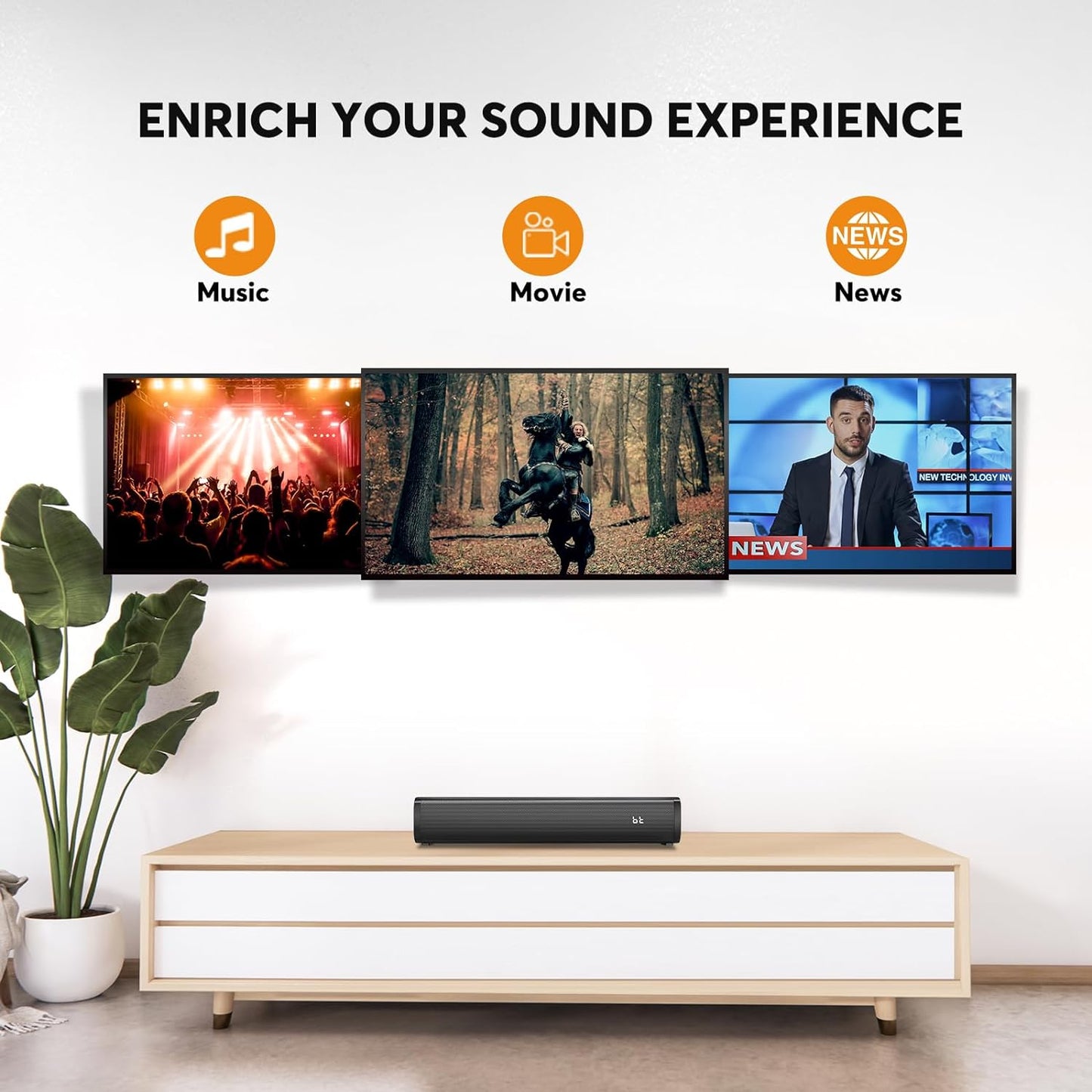 2.1 Channel Compact Sound Bar - Integrated Subwoofer and 6-Level Voice Enhancement, 16-Inch Bluetooth Speakers, Optical, Aux, USB Connectivity (Black)