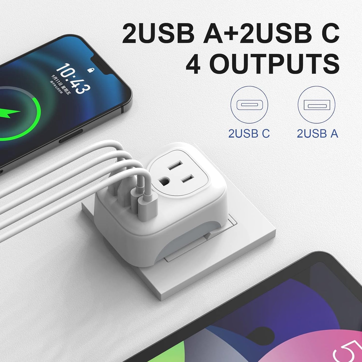 European Travel Plug Adapter Set - 2 Pack International Adapter with Dual Outlets and 4 USB Ports (2 USB-C) - 6-in-1 Type C Charger for US to Europe (Italy, Spain, France)