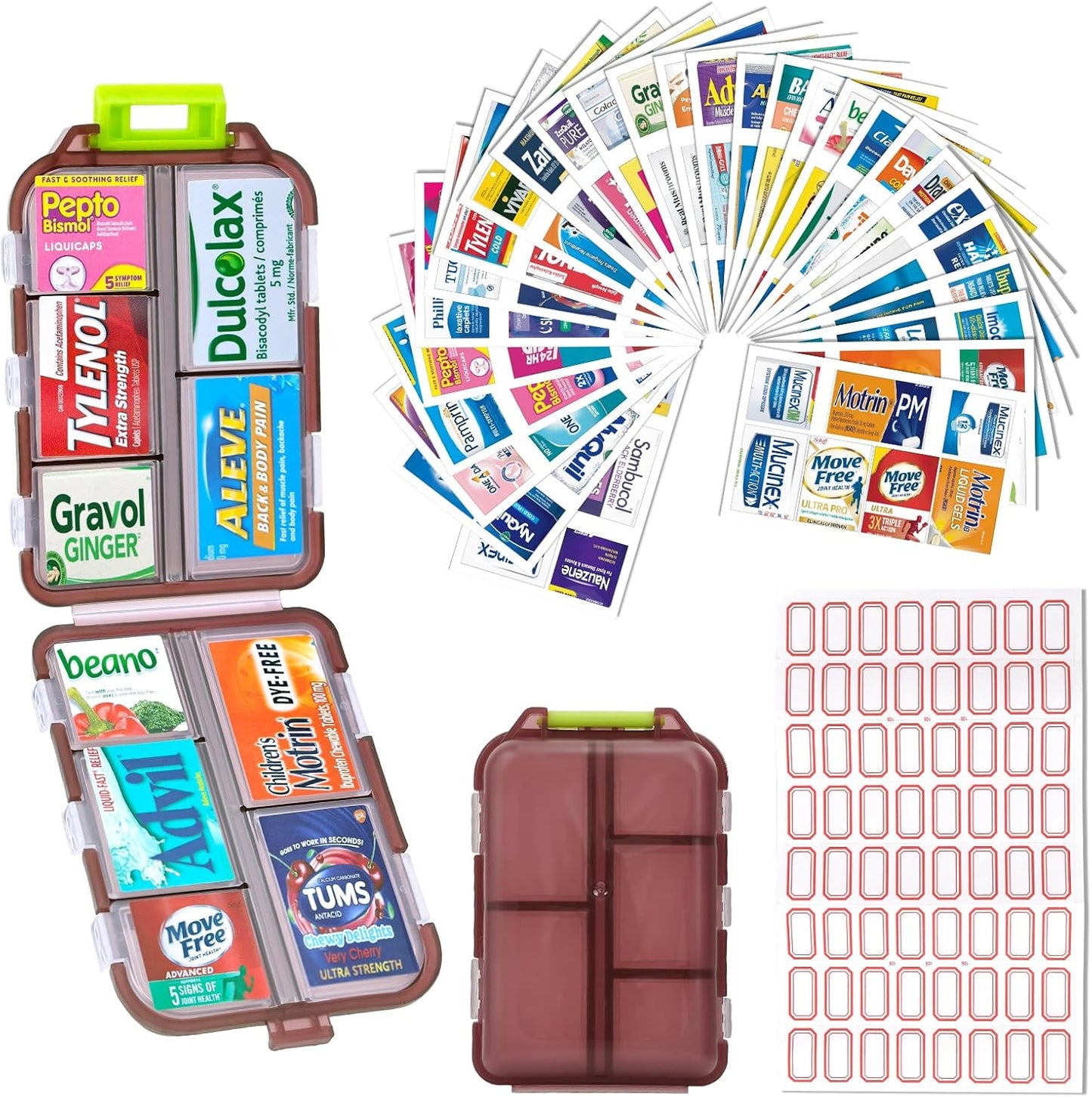 Portable Travel Pill Organizer with 260 Labels and 10 Compartments - Weekly Medication Container Case for Travel Essentials (Grey)