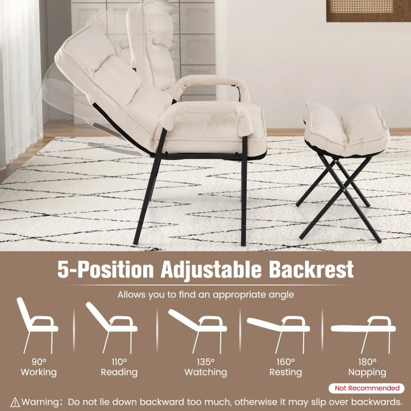 Modern Linen Fabric Accent Chair with Ottoman and Adjustable Backrest