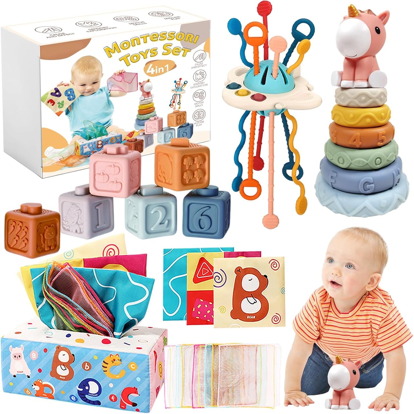 Montessori-Inspired Baby Toy Set - 6-12 Months - 4-in-1 Stacking Blocks, Tissue Box Toy, Sensory Play (1-3 Years)