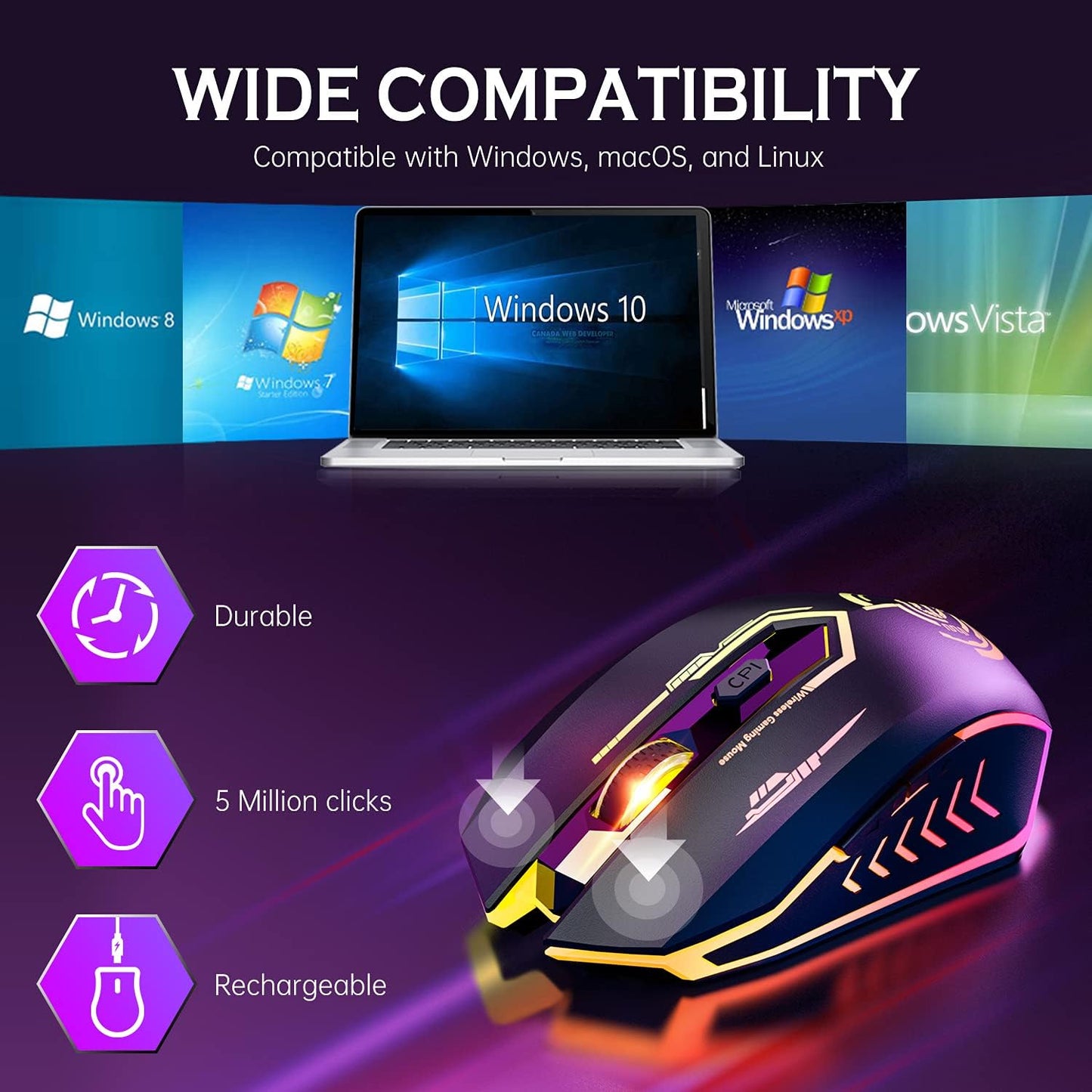 Wireless Gaming Mouse - 10000 DPI, Rechargeable USB Wireless Mouse - 6 Buttons 7 Changeable LED Color Programmable