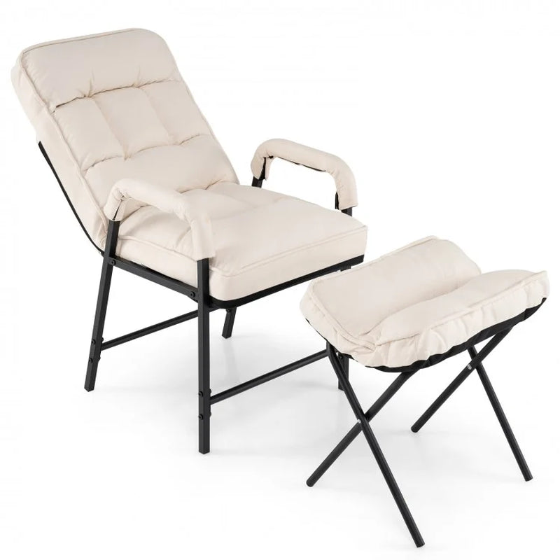 Modern Linen Fabric Accent Chair with Ottoman and Adjustable Backrest