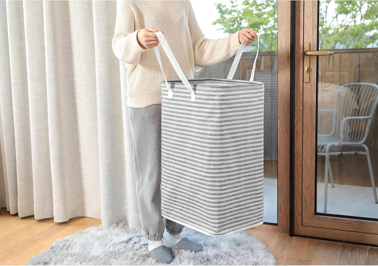 80L Freestanding Laundry Hamper with Handle, Collapsible Large Cotton Storage Basket for Clothes (Grey)