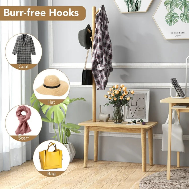 Solid Wood Coat Rack End Table with Integrated Side Table Design