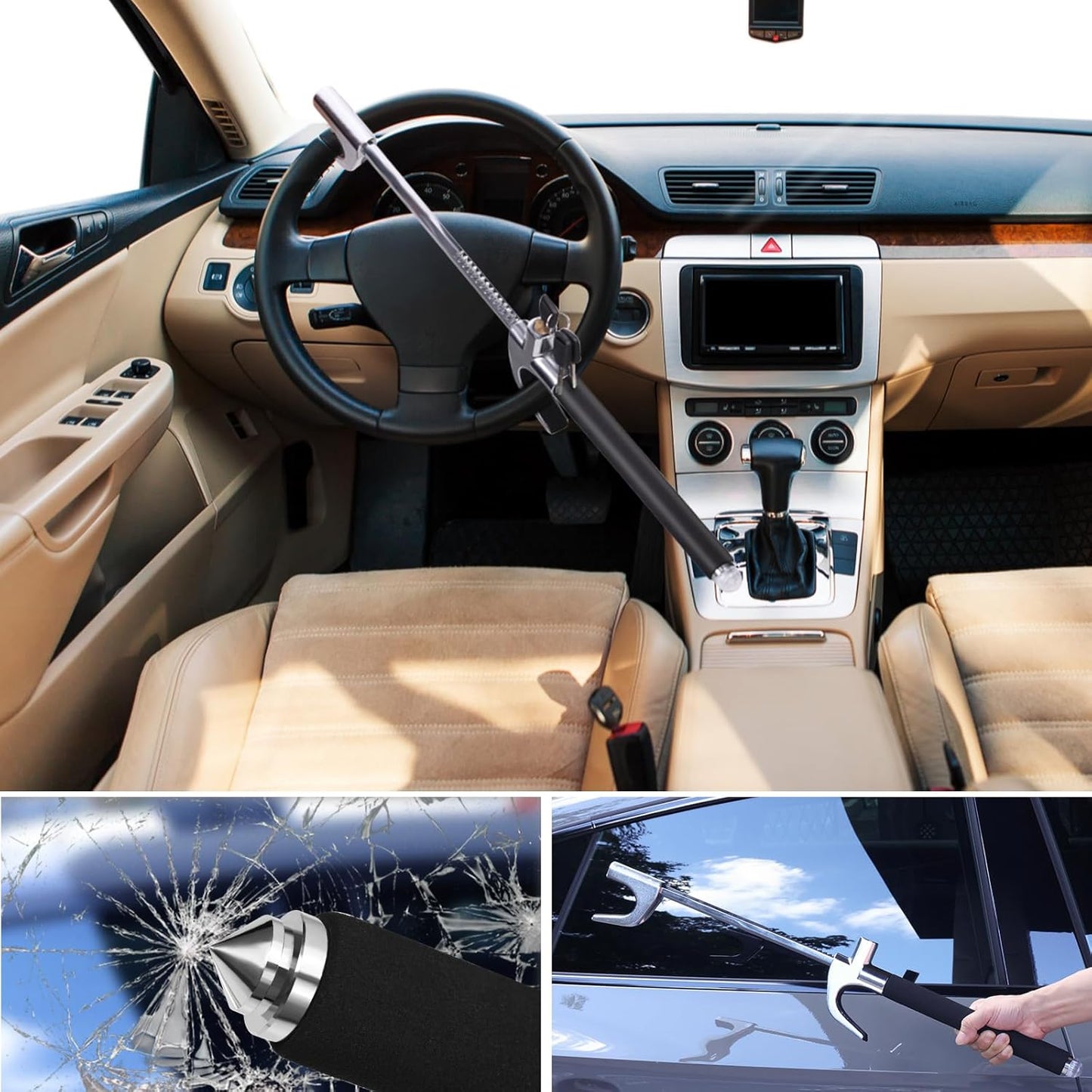 Adjustable Steering Wheel Lock with Anti-Theft Features and 3 Keys - Cars, Vans, and SUVs (Black)