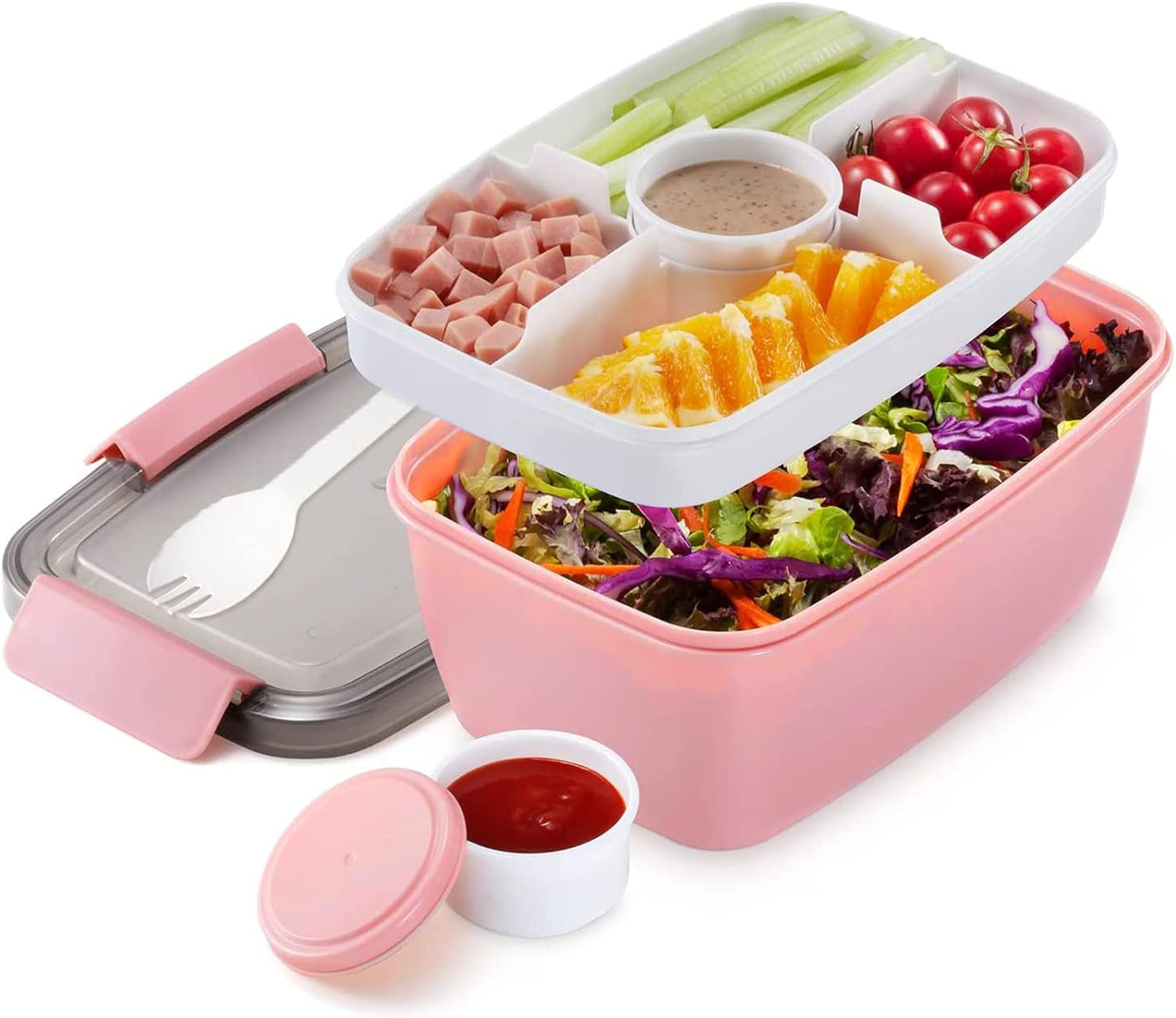 52Oz BPA-Free Salad Lunch Container with Dressing Compartment and 3 Compartments (Pink)