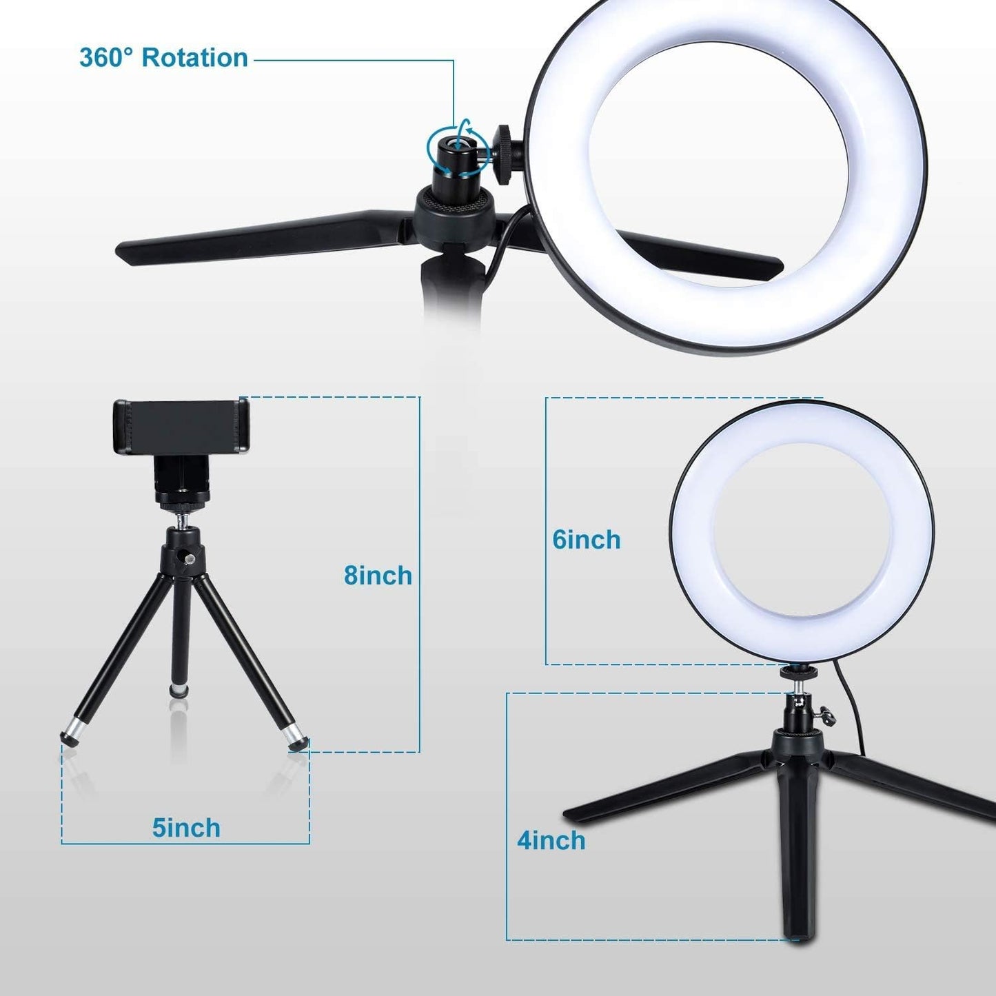 6-Inch LED Ring Light with Tripod Stand, Mini LED Camera Light with Cell Phone Holder