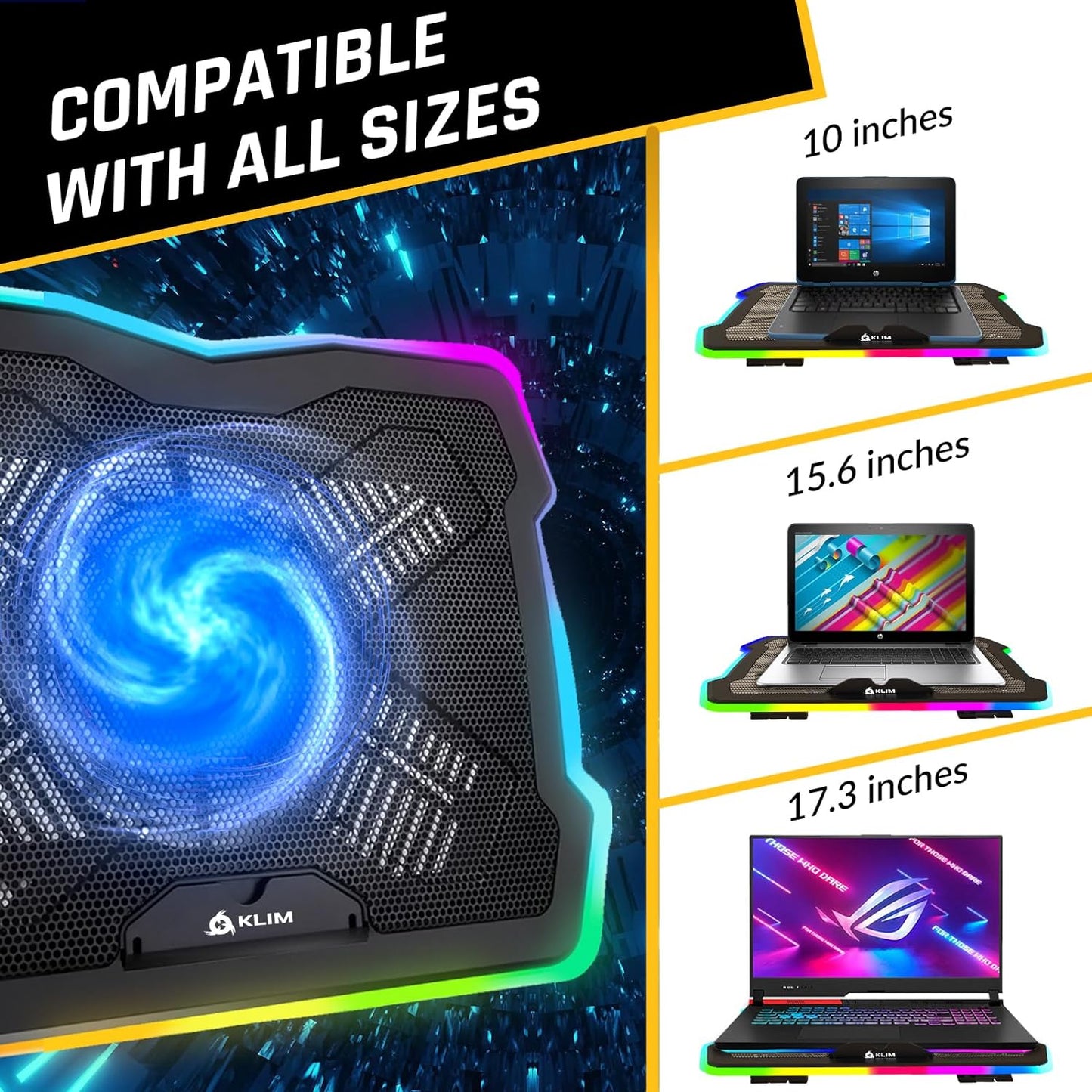 RGB Laptop Cooling Pad with LED Rim - Gaming Laptop Cooler - USB Powered Fan - Stable and Silent Stand - Compatible with Up to 17" Laptops - Black