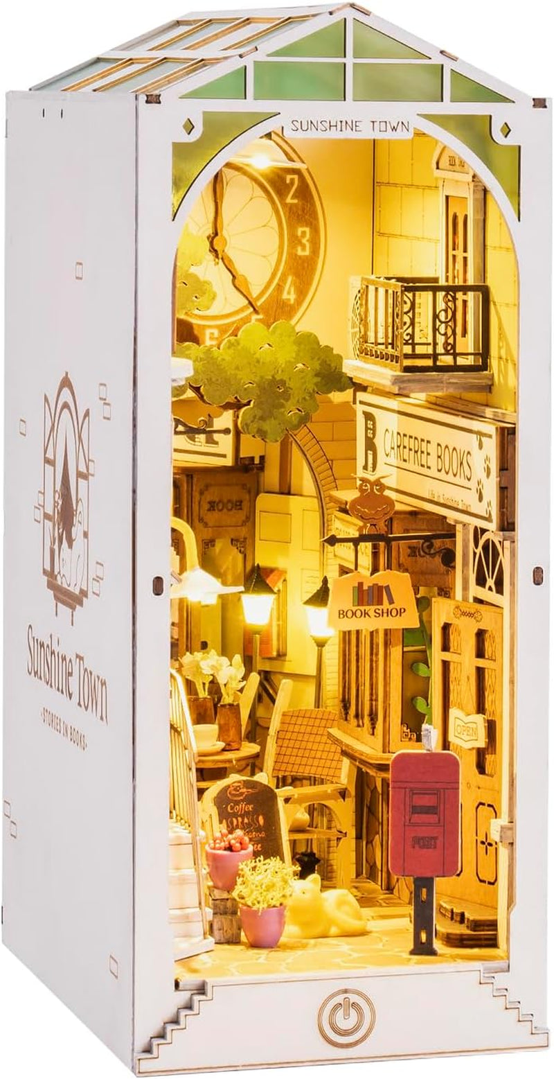 Book Nook 3D Wooden Puzzle, DIY Bookshelf Insert Decor Building Set Model Kit with LED Light for Adults Kids- Magic House