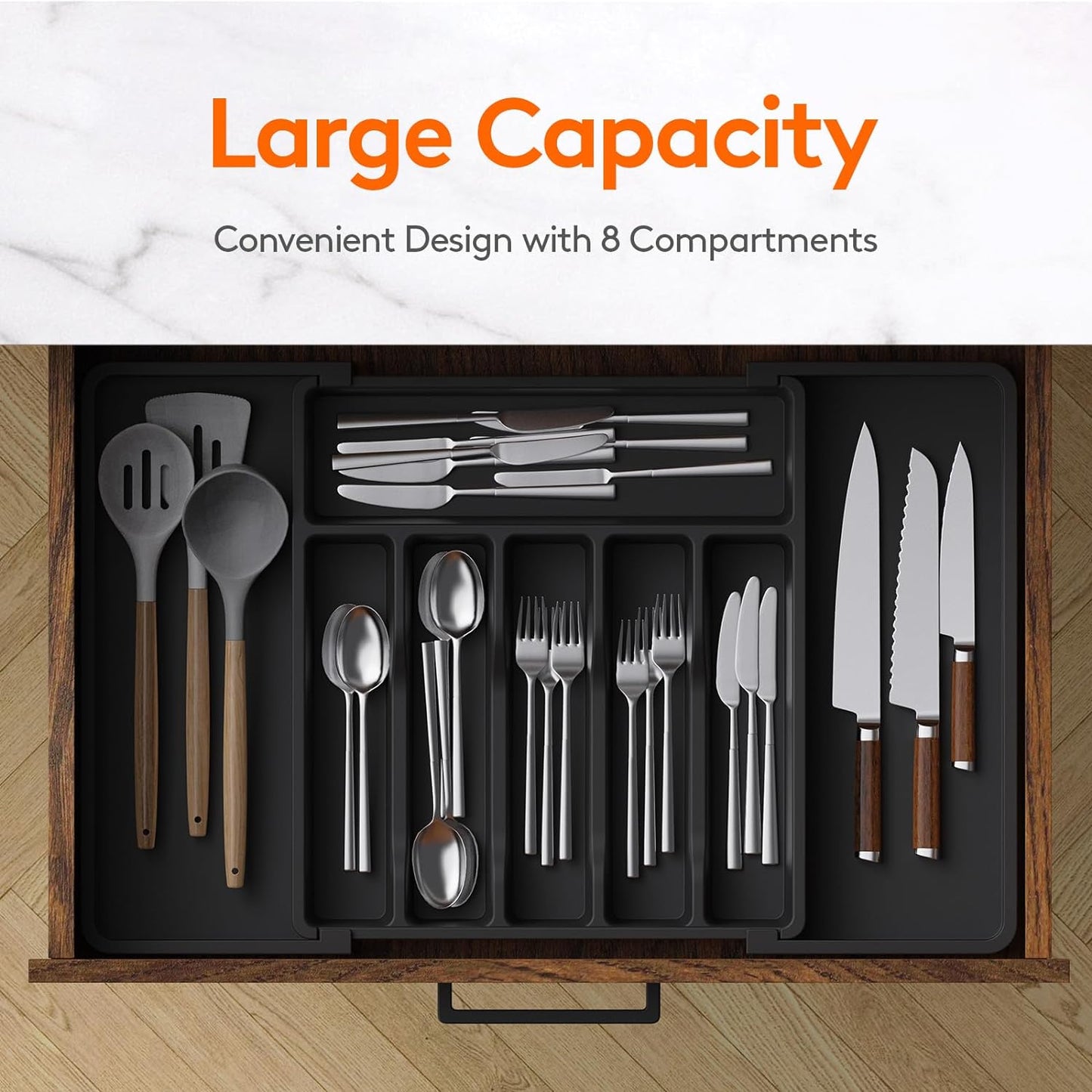 Expandable Cutlery Drawer Organizer - BPA-Free Adjustable Utensil Tray for Kitchen Storage, Large Black Flatware and Silverware Holder