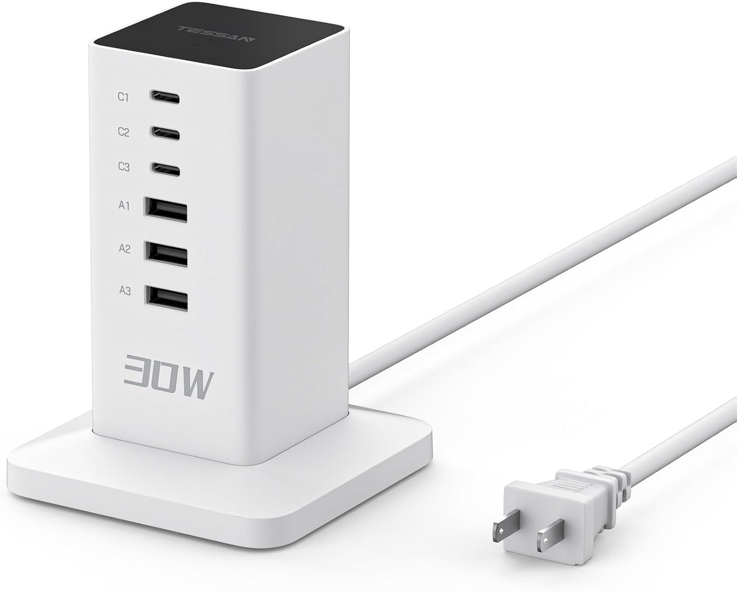 65W Multi-Device Charging Station: 6-Port GaN USB-C Charger with 3 Outlets for Phones, Tablets, and Travel Accessories