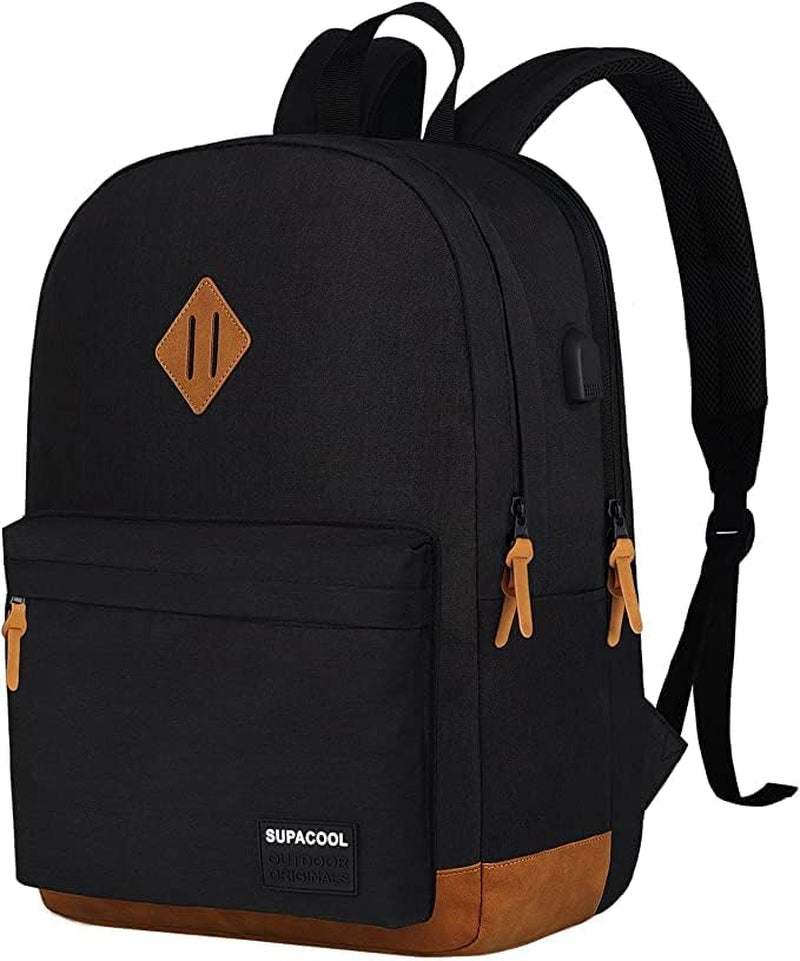 Lightweight Casual Laptop Backpack with USB Charging Port for Men and Women - Dark Black College Bookbag