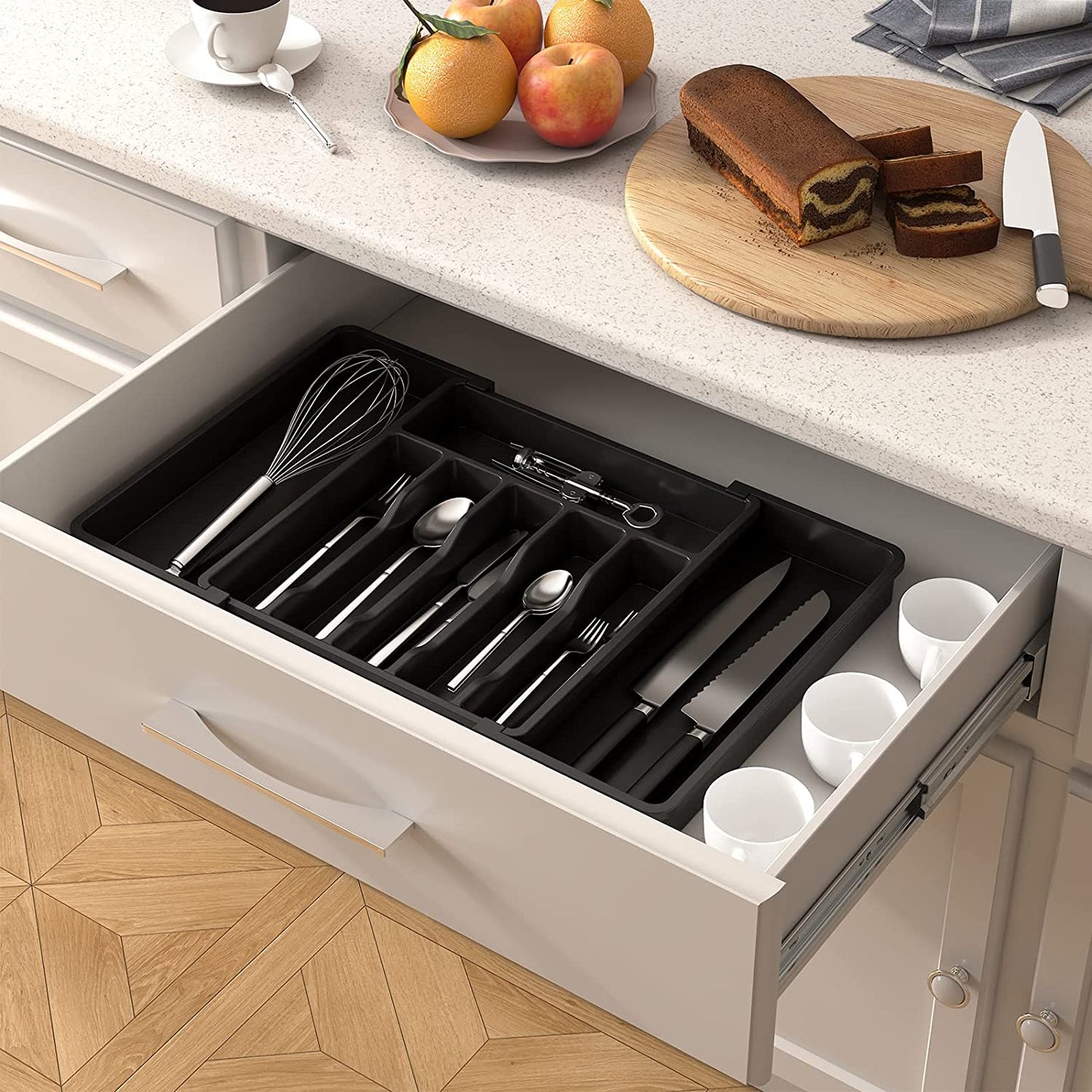 Expandable Cutlery Drawer Organizer - BPA-Free Adjustable Utensil Tray for Kitchen Storage, Large Black Flatware and Silverware Holder
