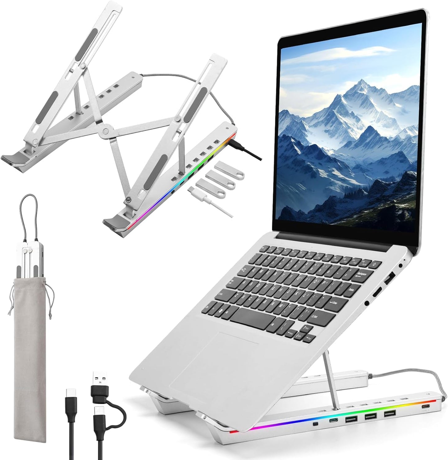 Laptop Stand with Usb、Type C and RGB Lights, Aluminum Adjustable Foldable Laptop Stand for Desk, Ergonomic Portable Laptop Riser Holder