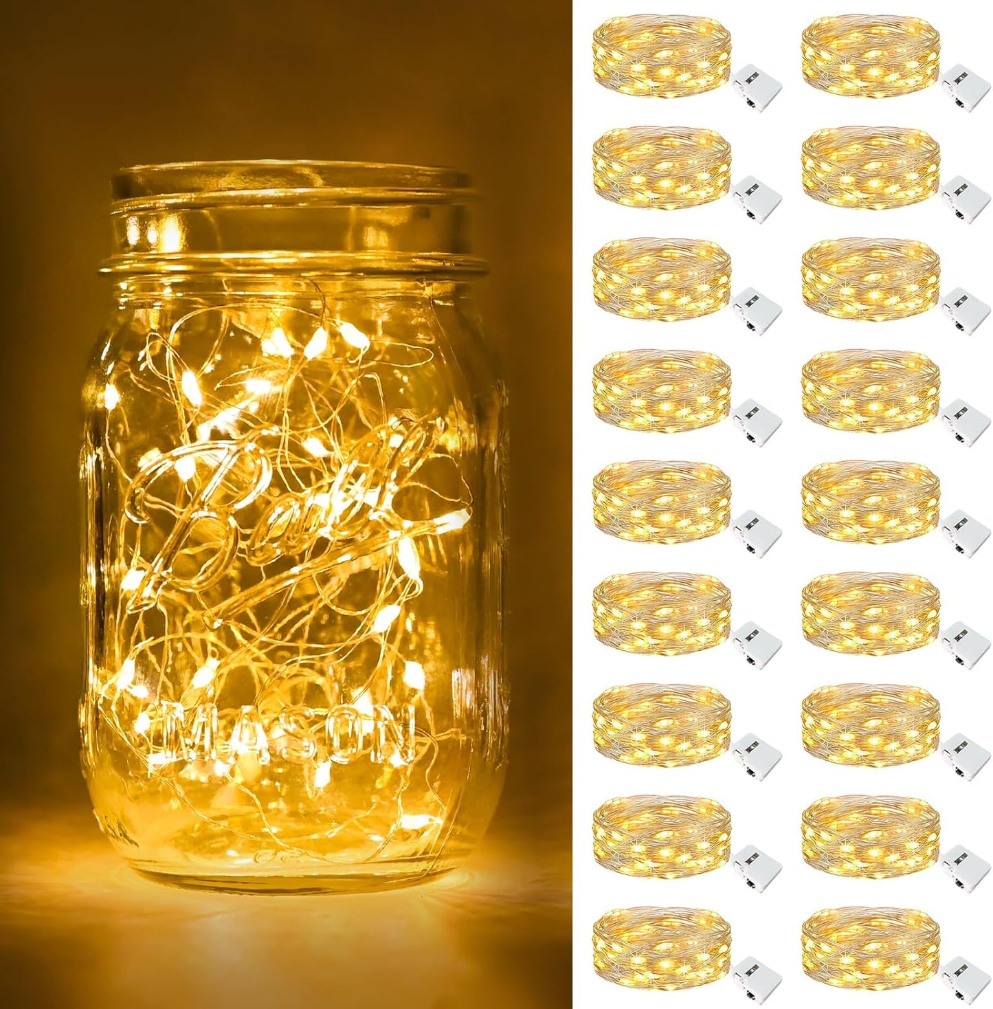 12-Pack 7FT 20LED Battery-Powered Fairy Lights with 3 Modes - Waterproof Silver Wire Mini String Lights for Indoor Mason Jar DIY, Wedding, and Christmas Decor in Warm White