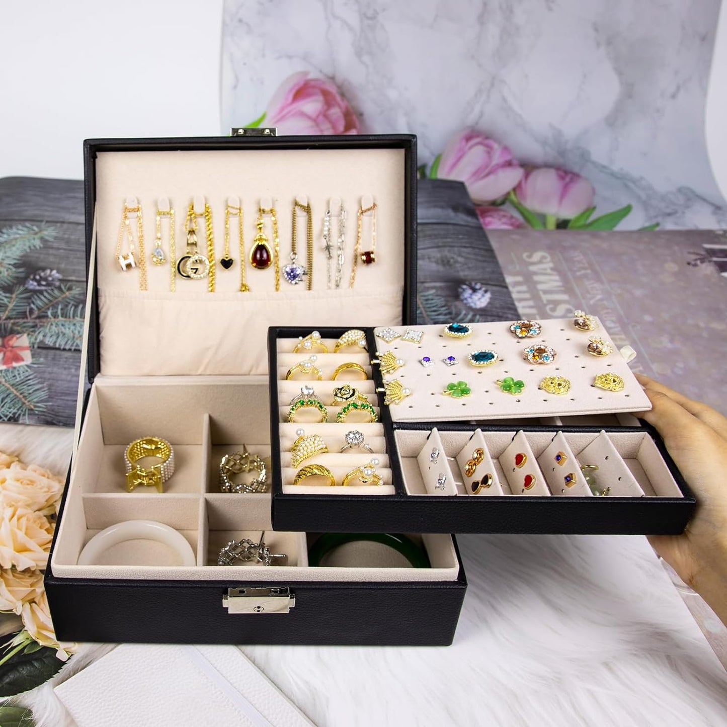 Elegant 2-Layer Jewelry Organizer Box in Black PU Leather with Soft Lining and Lock for Rings, Earrings, Necklaces, Bracelets