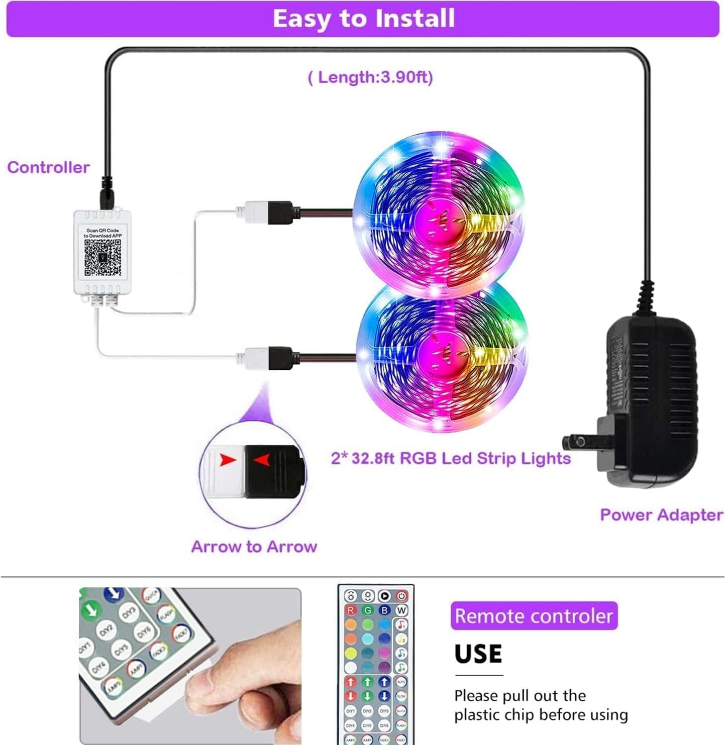65.6Ft Smart Color Changing LED Strip Lights with Bluetooth Control - Ideal for Bedroom, TV, Party