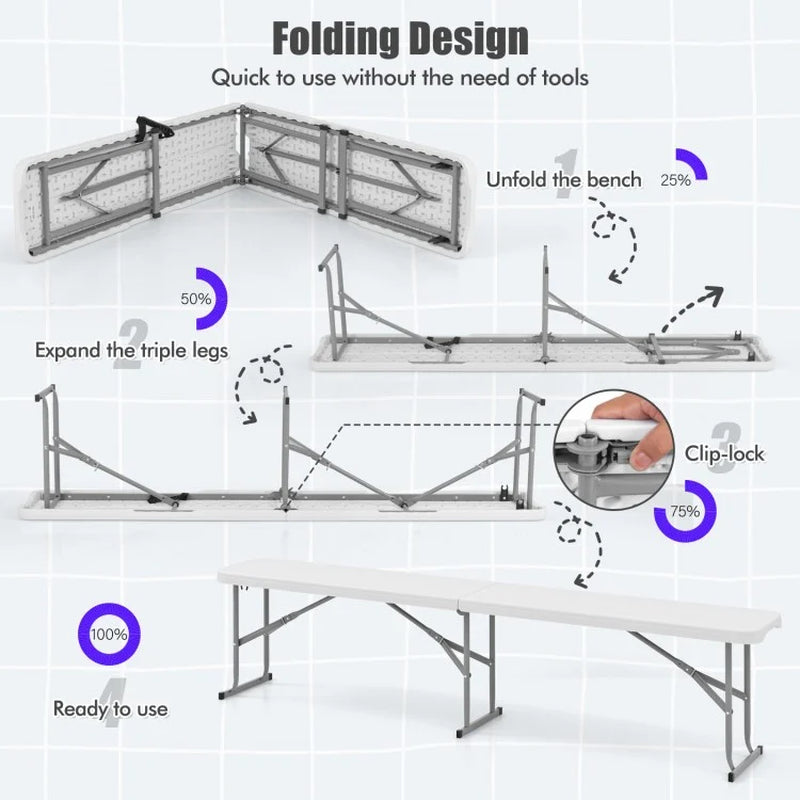 6-Foot Portable Plastic Folding Bench for Picnics, Camping, and Dining with Carrying Handle