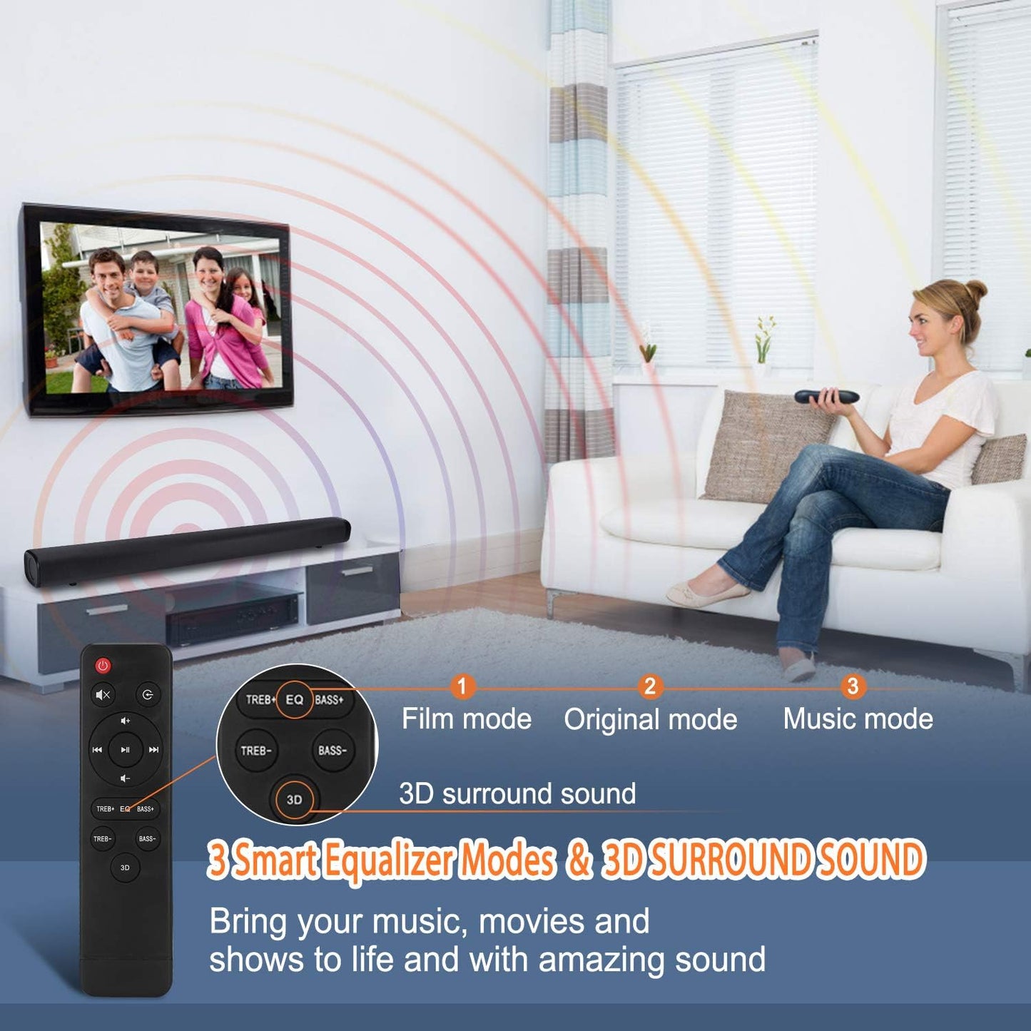36-Inch 2.1 Channel Sound Bar with Built-In Subwoofer, 120W Surround Sound, Bluetooth 5.0, and Multiple Connectivity Options