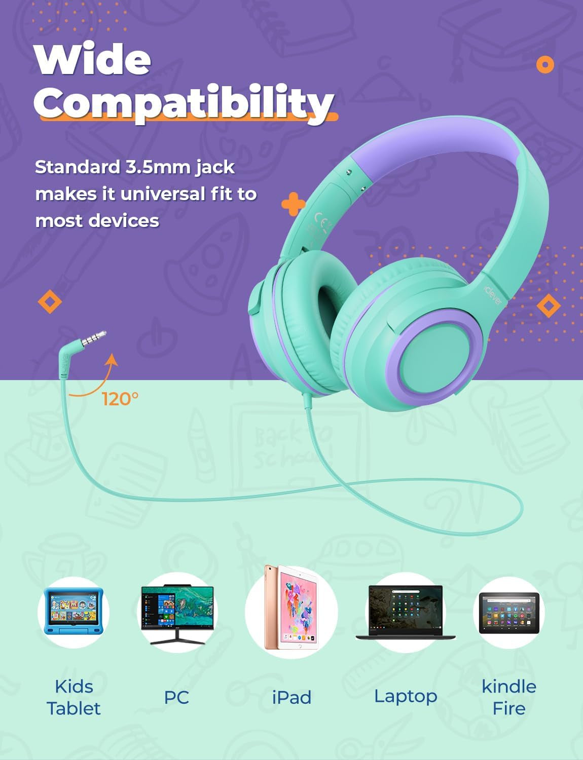 2-Pack Children's Headphones with Sharing Splitter - 94dB Volume Limiting - HS22 Wired Stereo Headphones for Kids and Teens, Tangle-Free 3.5mm Jack, Foldable Design for School, Tablets, and Travel