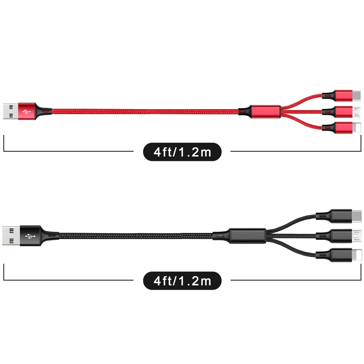 Multi Charging Cable, 4Ft 2Pack Multi Phone Charger Cable Braided Universal 3 in 1 Charging Cord Extra Long Multiple USB Cable with USB C, Micro USB Port Connectors(Red+Black