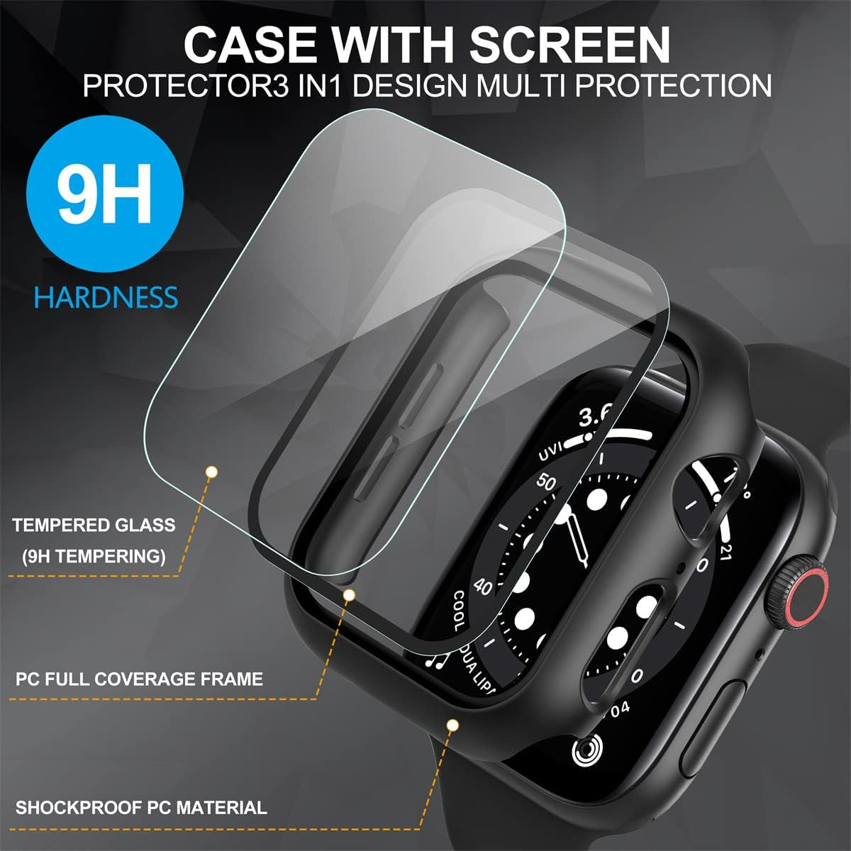2-Pack Tempered Glass Screen Protector Case for Apple Watch Series 8/7/6/5/4/SE/SE 2 (44mm) - Ultra-Thin All-Around Protection Cover - Black