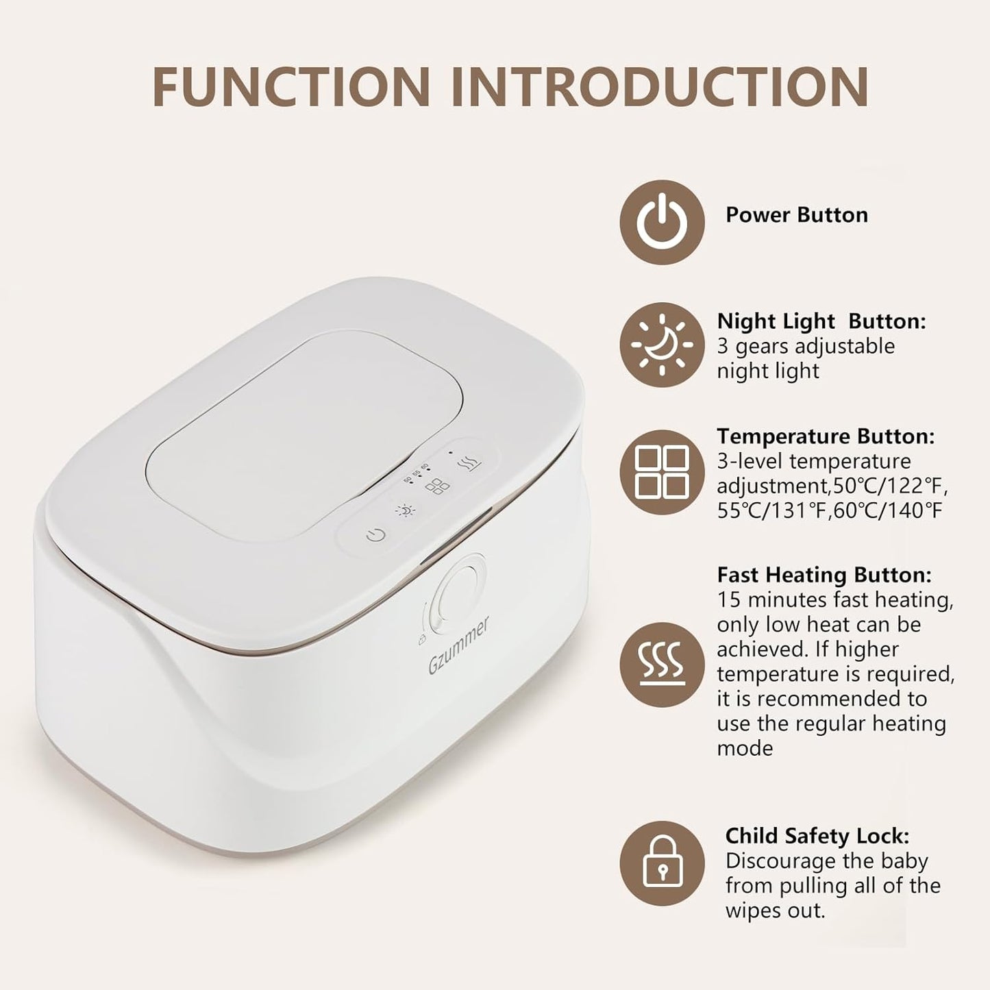 Baby Wipe Warmer - Spring Child Lock Design, Large Capacity Dispenser, Rapid Heating, Temperature Control, Night Light