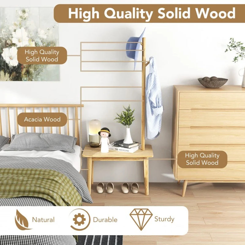 Solid Wood Coat Rack End Table with Integrated Side Table Design