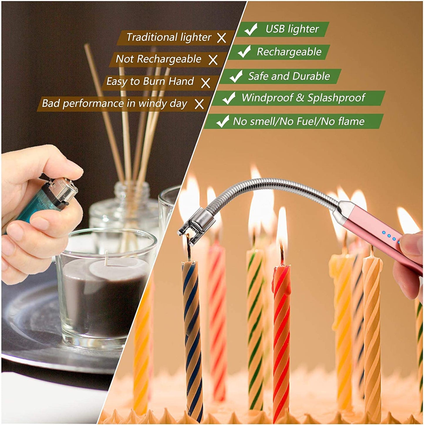 Lighter Electric Candle Lighter Christmas Stocking Stuffers - Rechargeable USB Lighter Arc Lighters for Candle Camping BBQ Christmas Birthday Gifts - Men Women (Rose Gold)